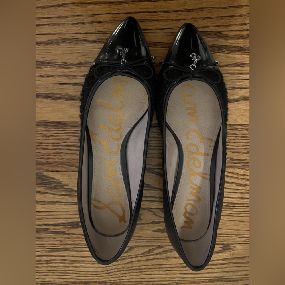 Sam Edelman black pointed business casual cap toe flats tweed/leather “Lilly”